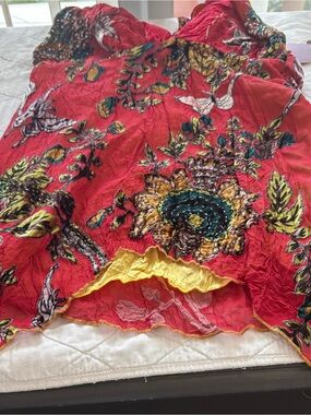 Hale Bob Red Floral Crinkle Sleeveless Top with Yellow Accents